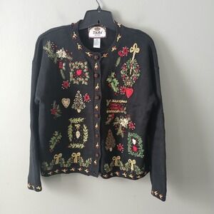 Tiara Petites Women's Size Medium Knit Sweater Vintage Embroidered Christmas